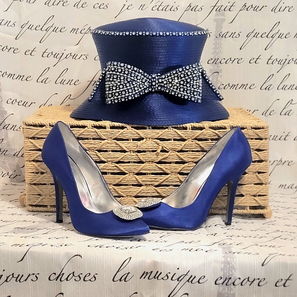 Elegant Royal Blue Satin High Heels with Crystal Accent